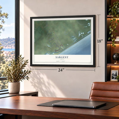 Sargent, Texas map, 18 x 24 inch print in a black frame in a home office