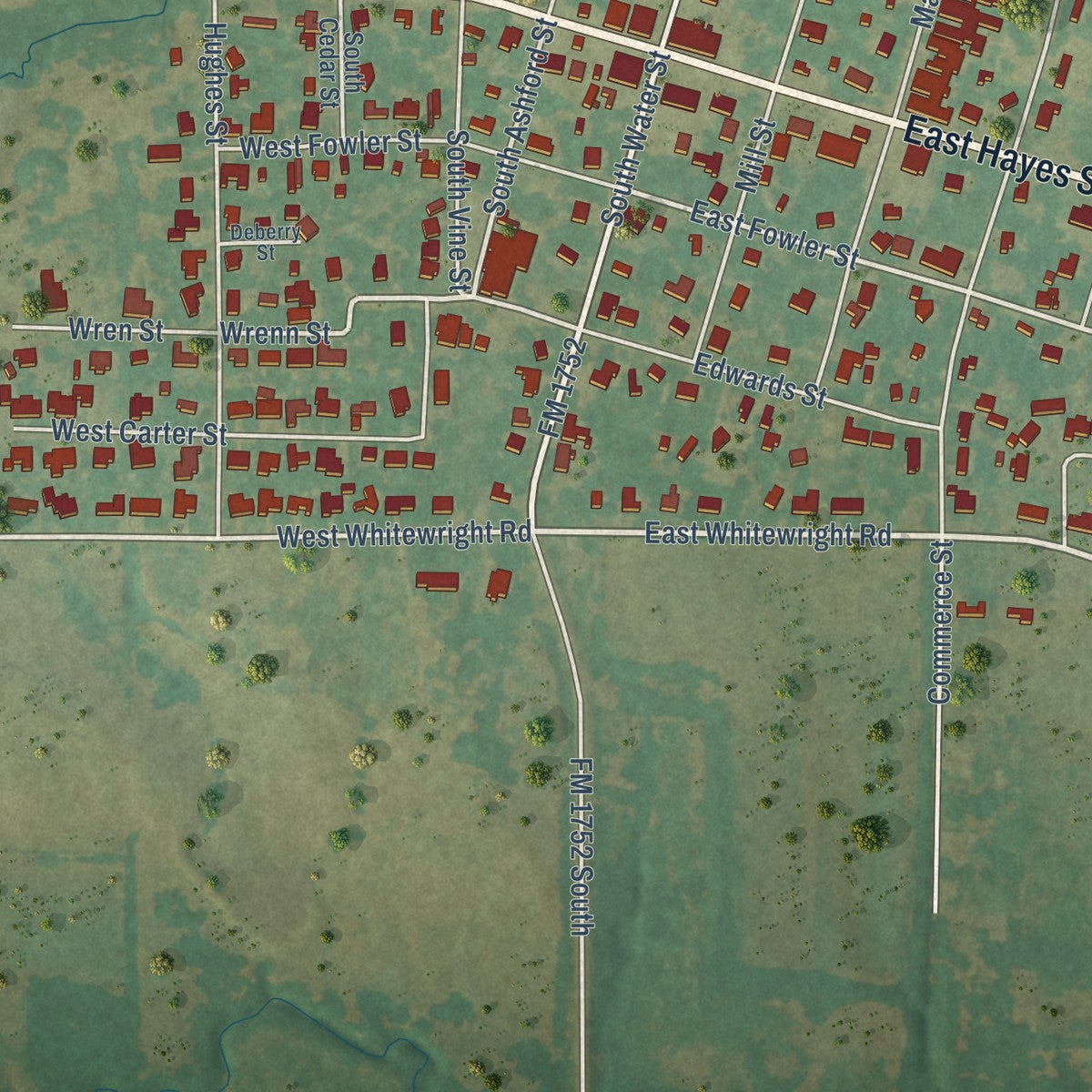 Close-up of the map of Savoy, Texas print showing street and building detail