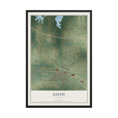 Map of Savoy, Texas, 12 x 18 inch print in a black wood frame