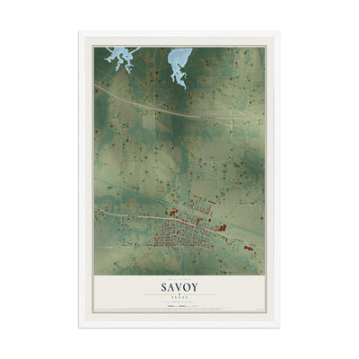 Map of Savoy, Texas, 12 x 18 inch print in a white wood frame