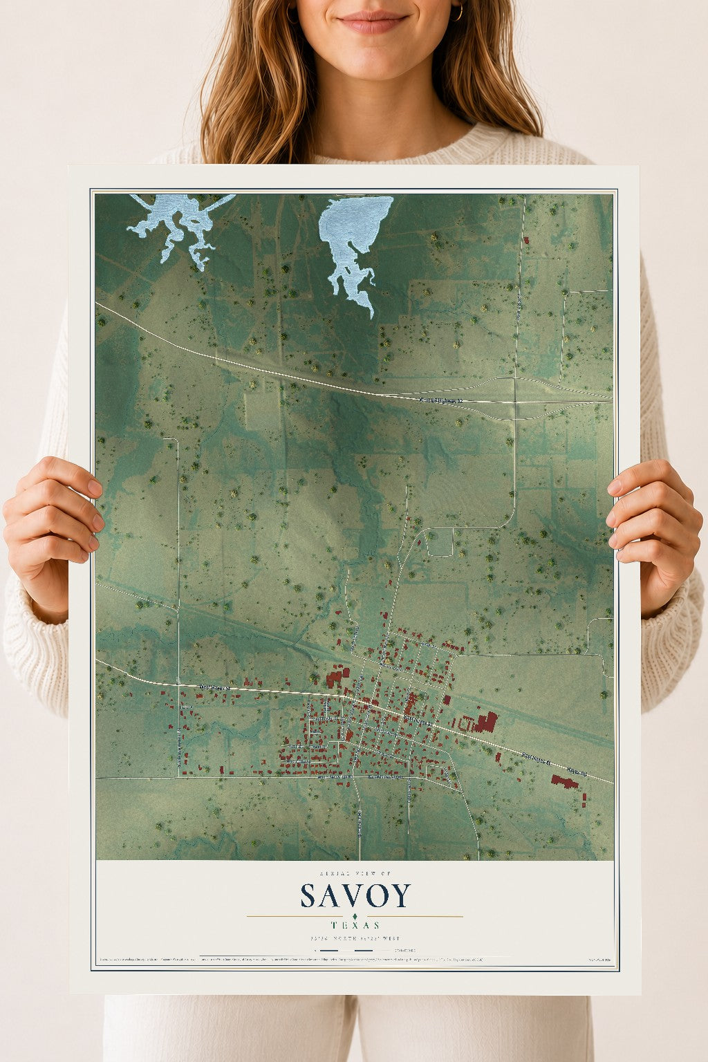 Map of Savoy, Texas, 18 x 24 inch unframed archival matte print