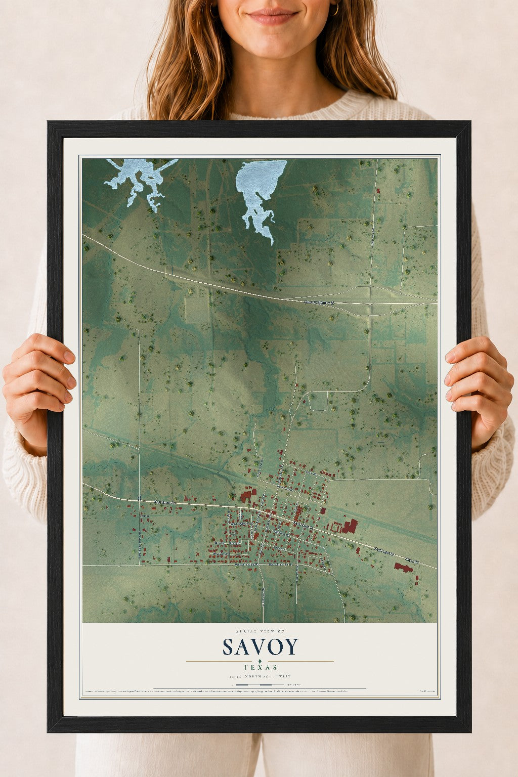 Map of Savoy, Texas, 18 x 24 inch print in a black wood frame