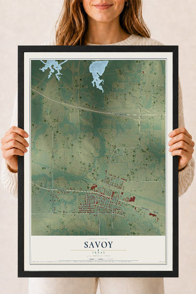 Map of Savoy, Texas, 18 x 24 inch print in a black wood frame