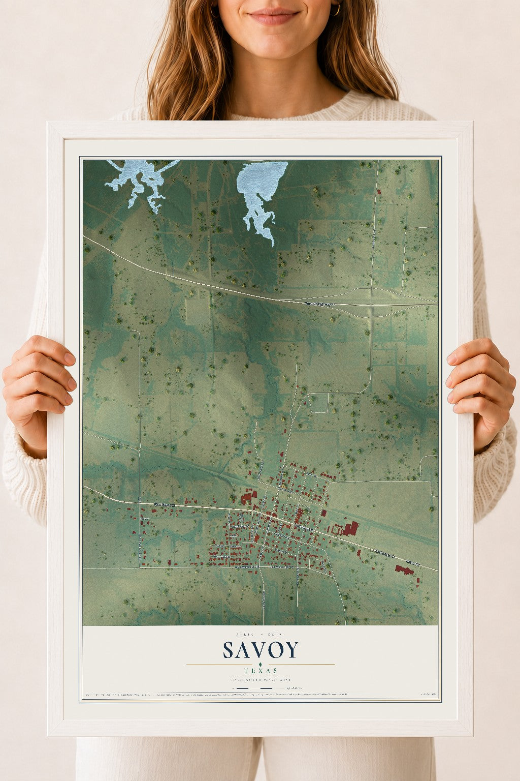 Map of Savoy, Texas, 18 x 24 inch print in a white wood frame