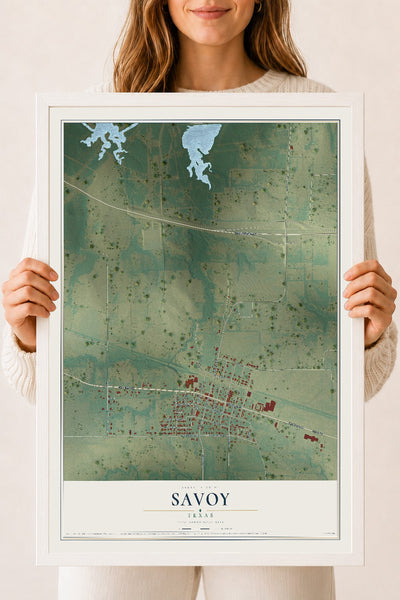 Map of Savoy, Texas, 18 x 24 inch print in a white wood frame
