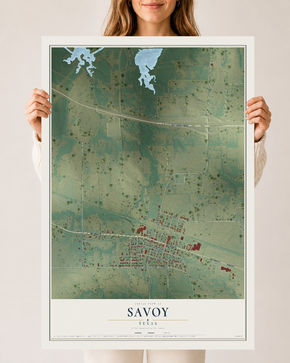 Map of Savoy, Texas, 24 x 36 inch unframed archival matte print