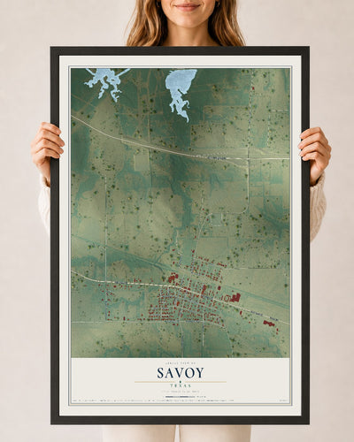 Map of Savoy, Texas, 24 x 36 inch print in a black wood frame