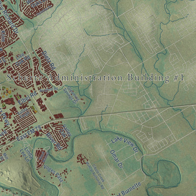 Second close-up of the map of Schertz, Texas print showing more streets and buildings