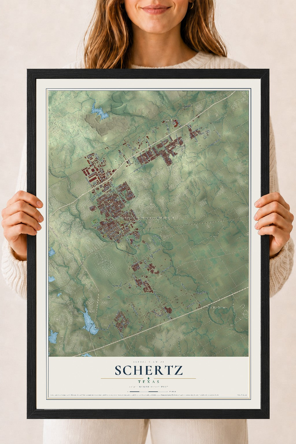 Map of Schertz, Texas, 18 x 24 inch print in a black wood frame