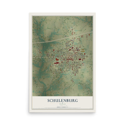 Map of Schulenburg, Texas, 12 x 18 inch unframed archival matte print