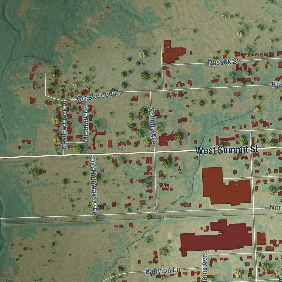 Second close-up of the map of Schulenburg, Texas print showing more streets and buildings