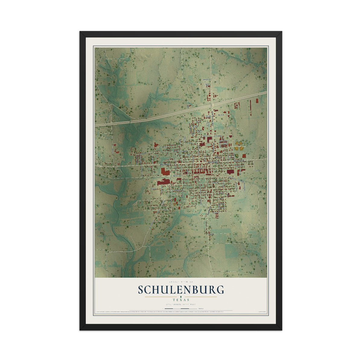 Map of Schulenburg, Texas, 12 x 18 inch print in a black wood frame