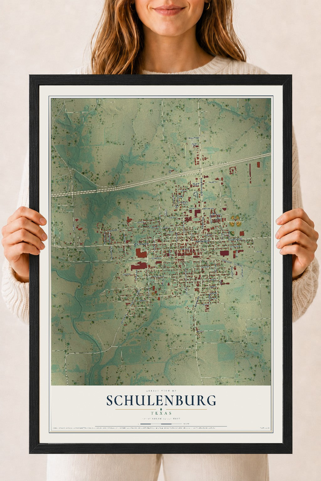 Map of Schulenburg, Texas, 18 x 24 inch print in a black wood frame