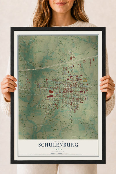 Map of Schulenburg, Texas, 18 x 24 inch print in a black wood frame