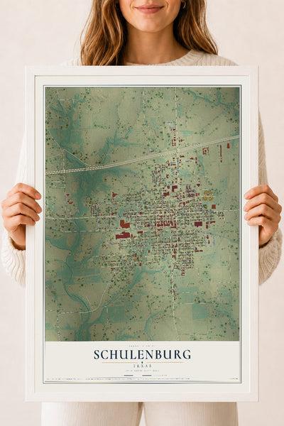 Map of Schulenburg, Texas, 18 x 24 inch print in a white wood frame
