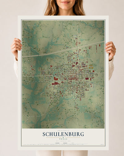 Map of Schulenburg, Texas, 24 x 36 inch unframed archival matte print