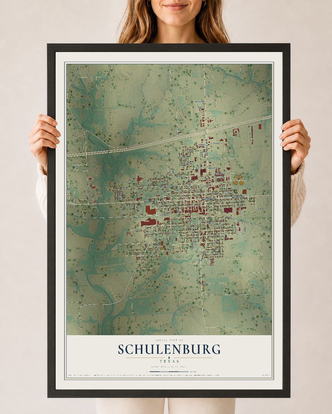 Map of Schulenburg, Texas, 24 x 36 inch print in a black wood frame