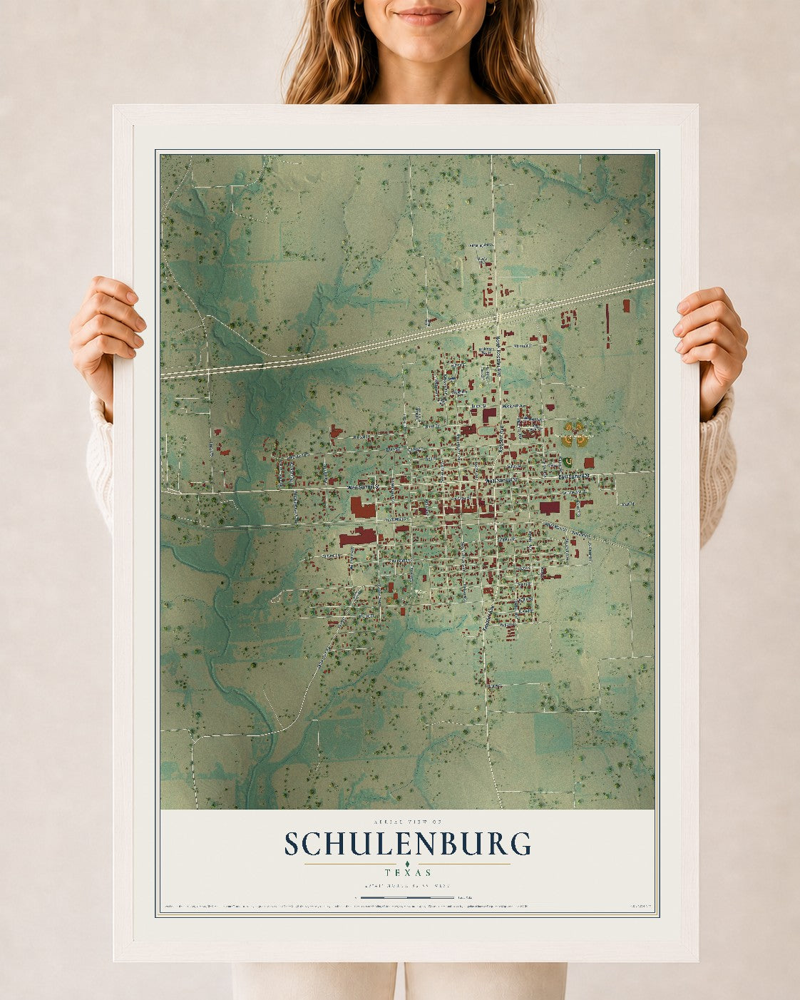 Map of Schulenburg, Texas, 24 x 36 inch print in a white wood frame