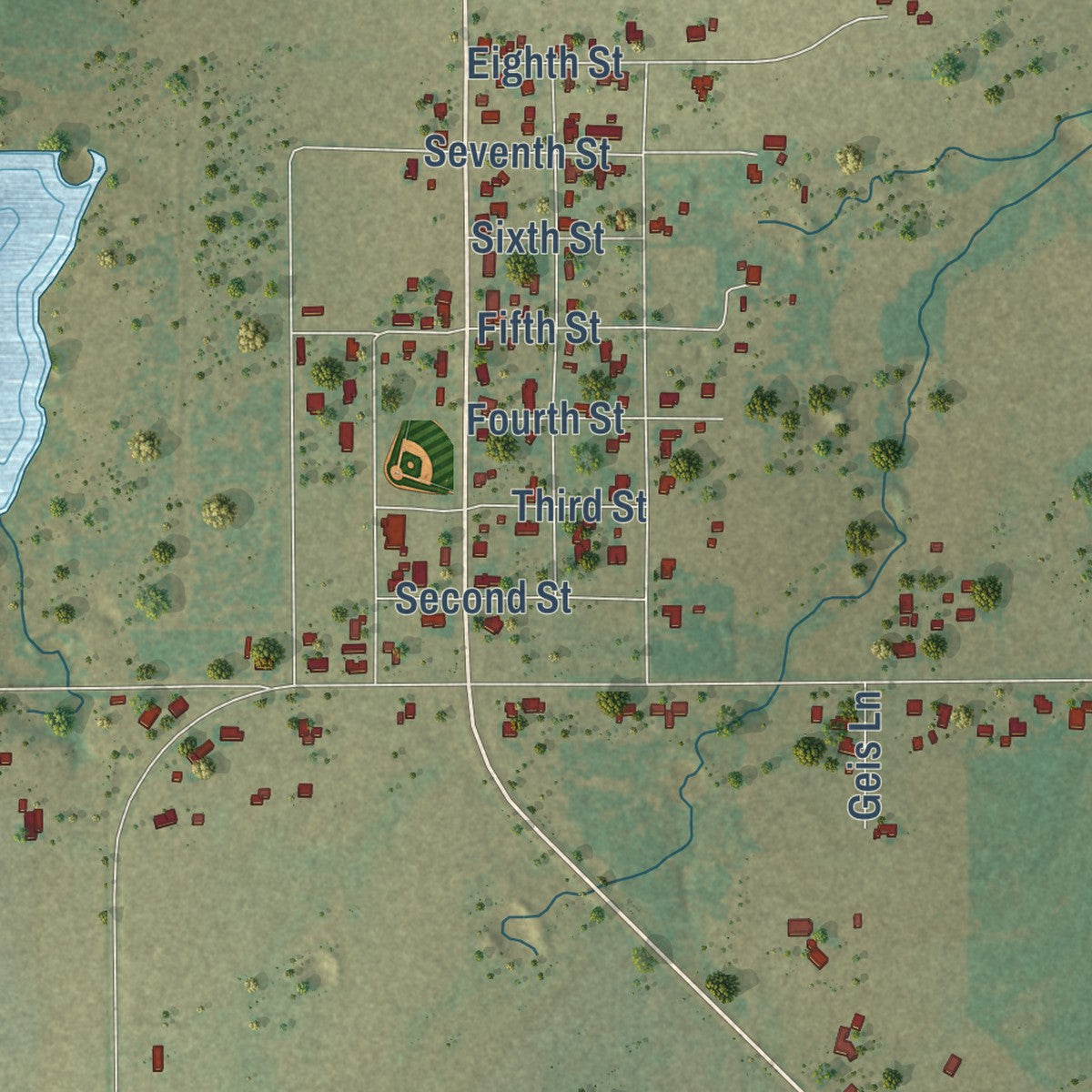Second close-up of the map of Scotland, Texas print showing more streets and buildings