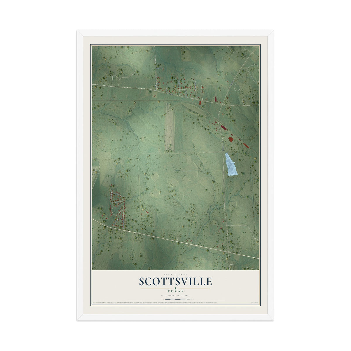 Map of Scottsville, Texas, 12 x 18 inch print in a white wood frame