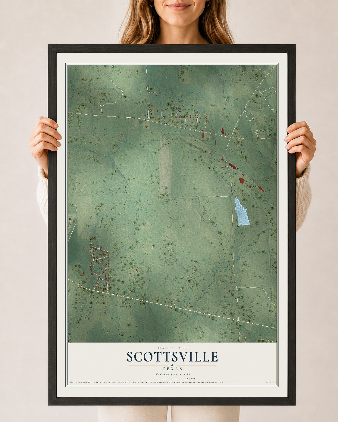 Map of Scottsville, Texas, 24 x 36 inch print in a black wood frame
