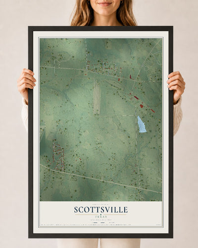 Map of Scottsville, Texas, 24 x 36 inch print in a black wood frame