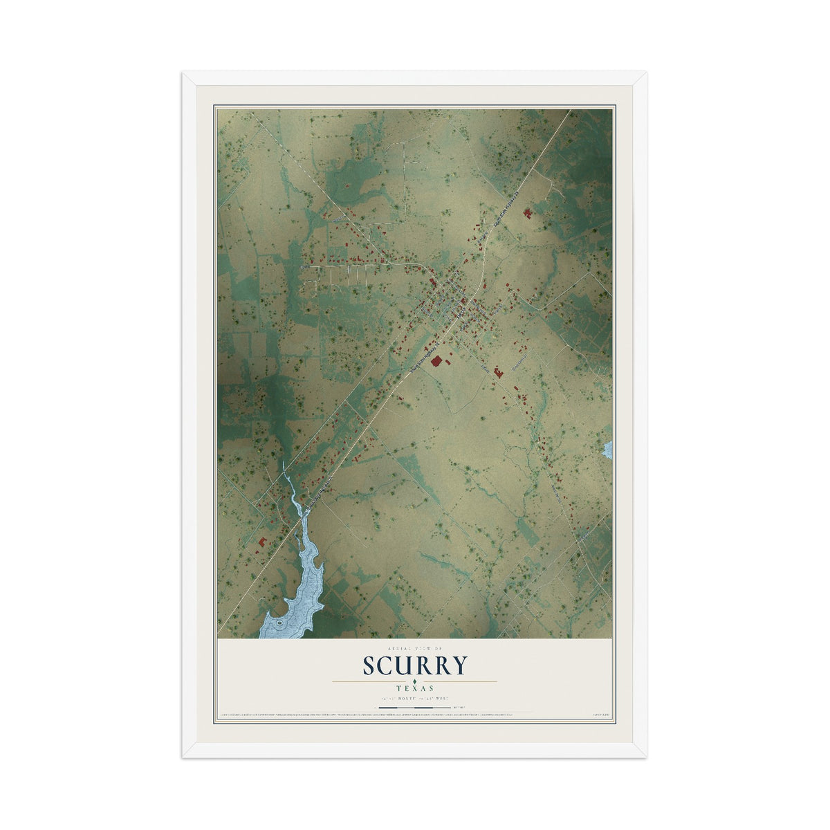 Map of Scurry, Texas, 12 x 18 inch print in a white wood frame