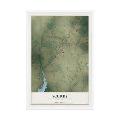 Map of Scurry, Texas, 12 x 18 inch print in a white wood frame