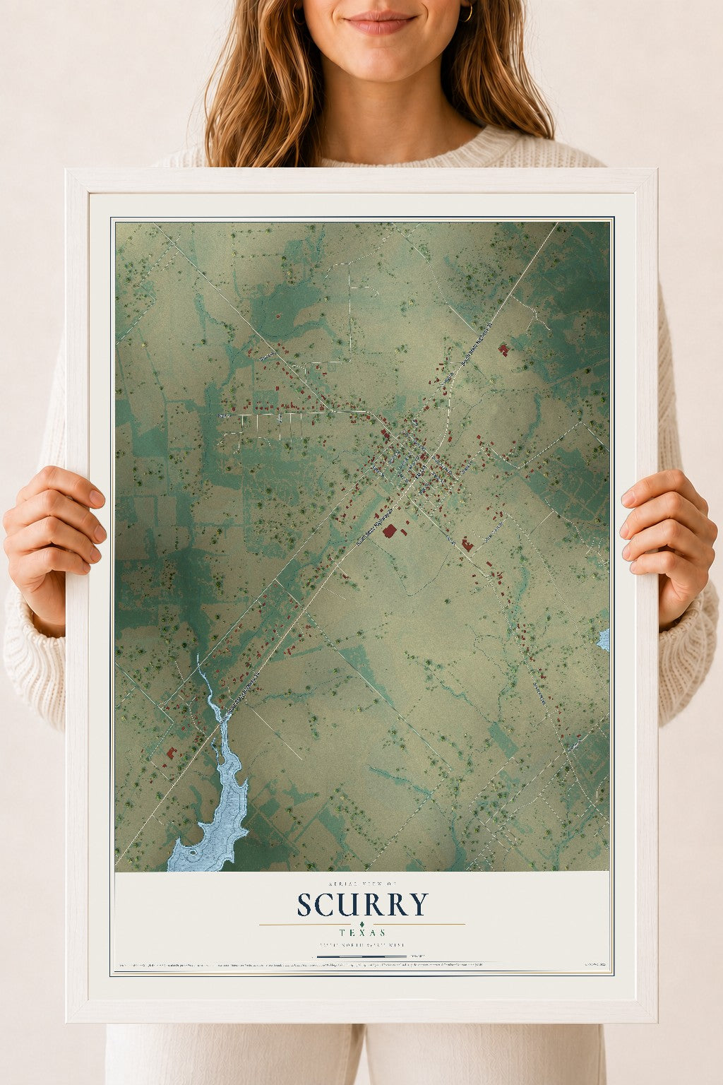 Map of Scurry, Texas, 18 x 24 inch print in a white wood frame