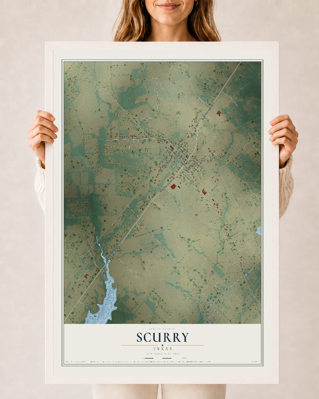 Map of Scurry, Texas, 24 x 36 inch print in a white wood frame