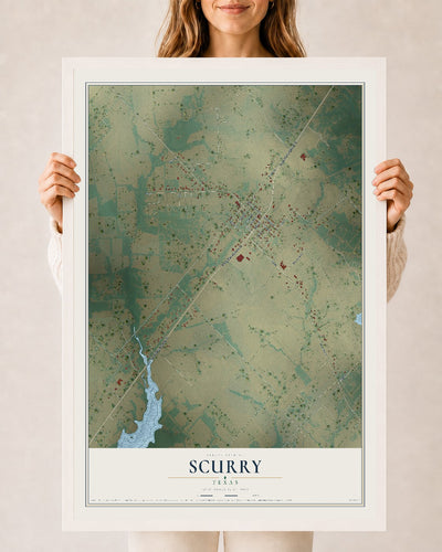 Map of Scurry, Texas, 24 x 36 inch print in a white wood frame