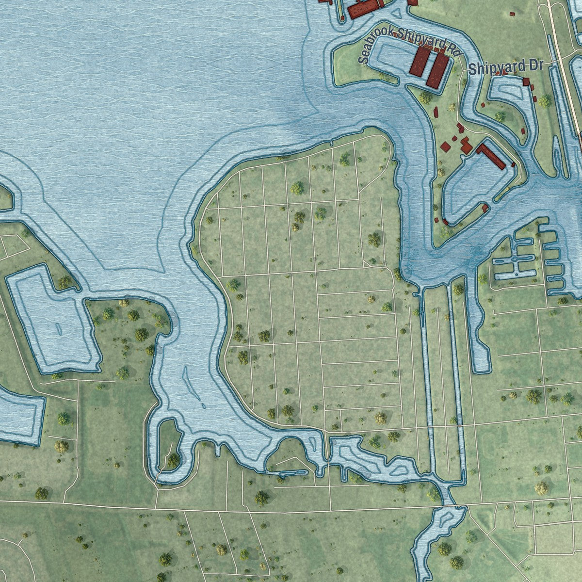 Second close-up of the map of Seabrook, Texas print showing more streets and buildings