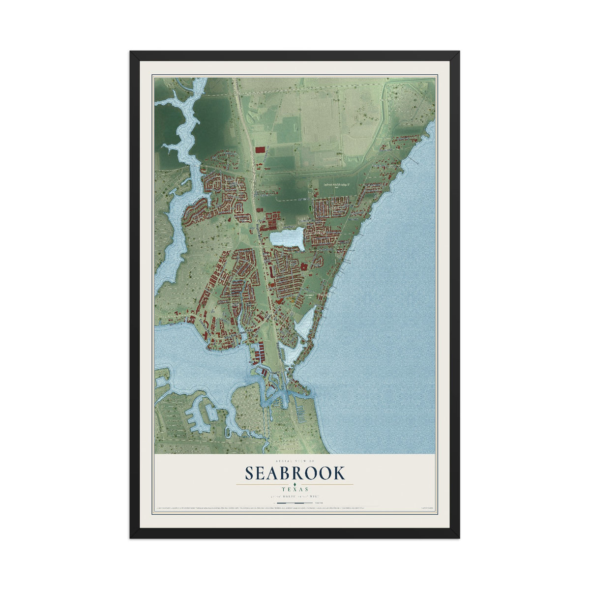 Map of Seabrook, Texas, 12 x 18 inch print in a black wood frame
