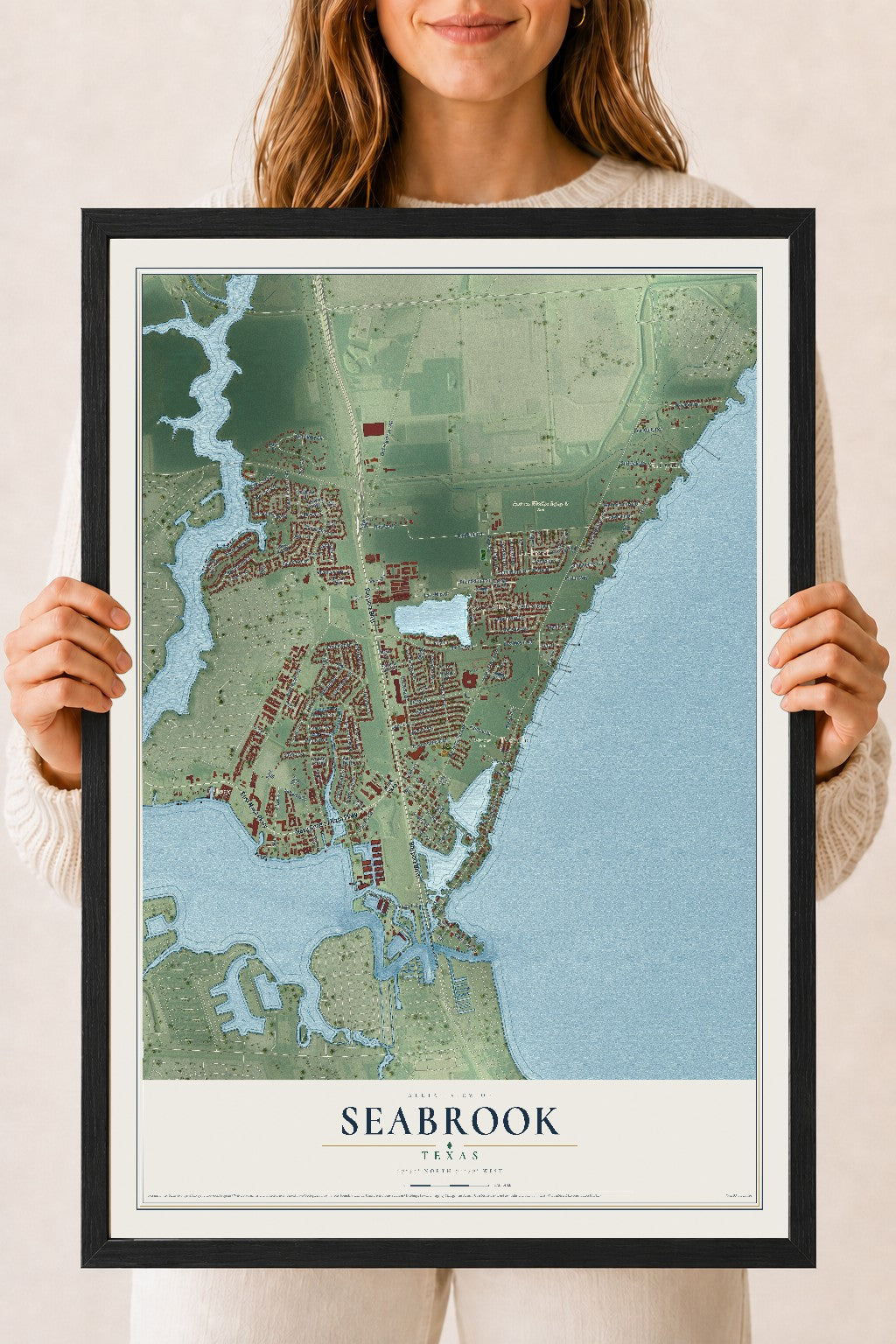 Map of Seabrook, Texas, 18 x 24 inch print in a black wood frame