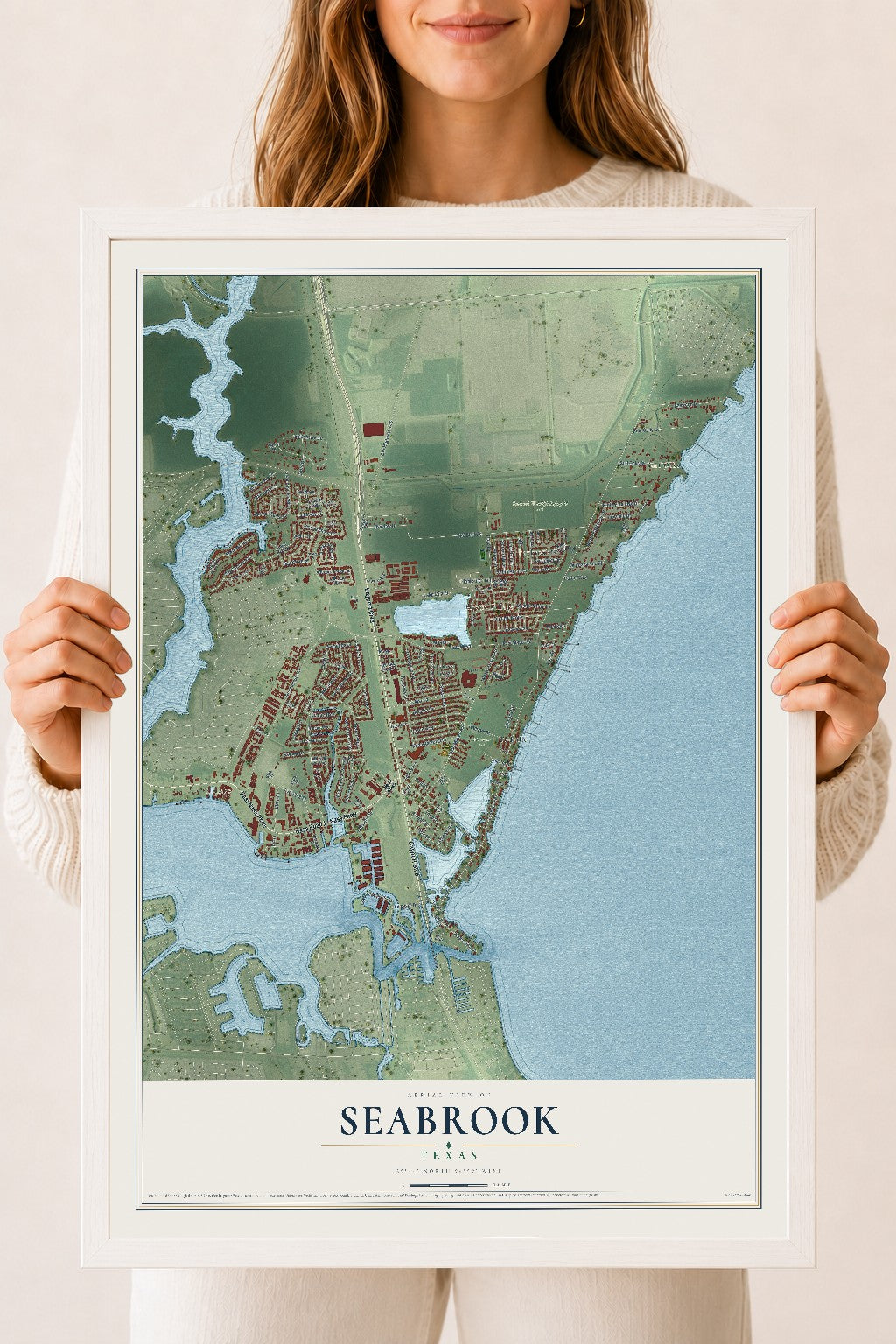 Map of Seabrook, Texas, 18 x 24 inch print in a white wood frame