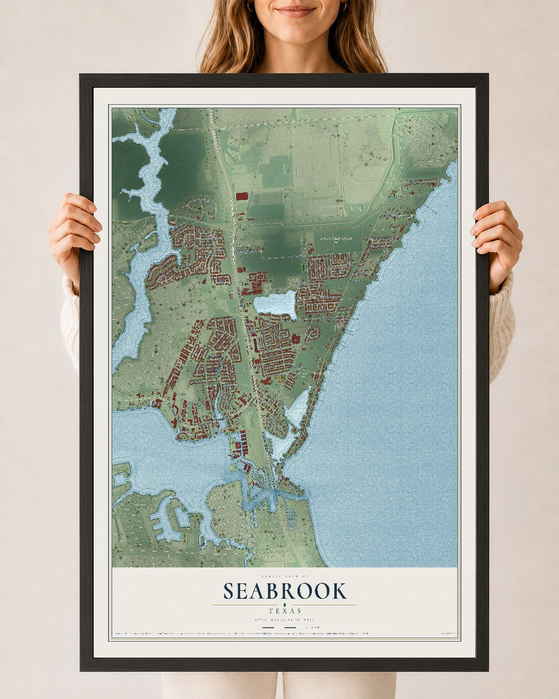 Map of Seabrook, Texas, 24 x 36 inch print in a black wood frame