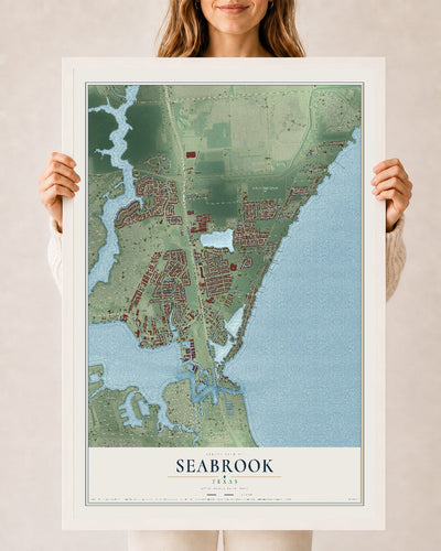 Map of Seabrook, Texas, 24 x 36 inch print in a white wood frame