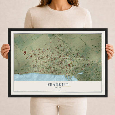 Map of Seadrift, Texas, 12 x 18 inch print in a black wood frame
