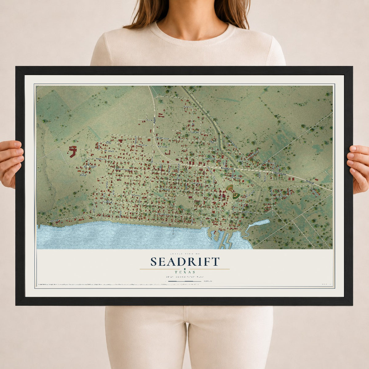 Map of Seadrift, Texas, 18 x 24 inch print in a black wood frame