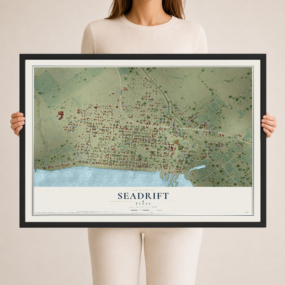 Map of Seadrift, Texas, 24 x 36 inch print in a black wood frame