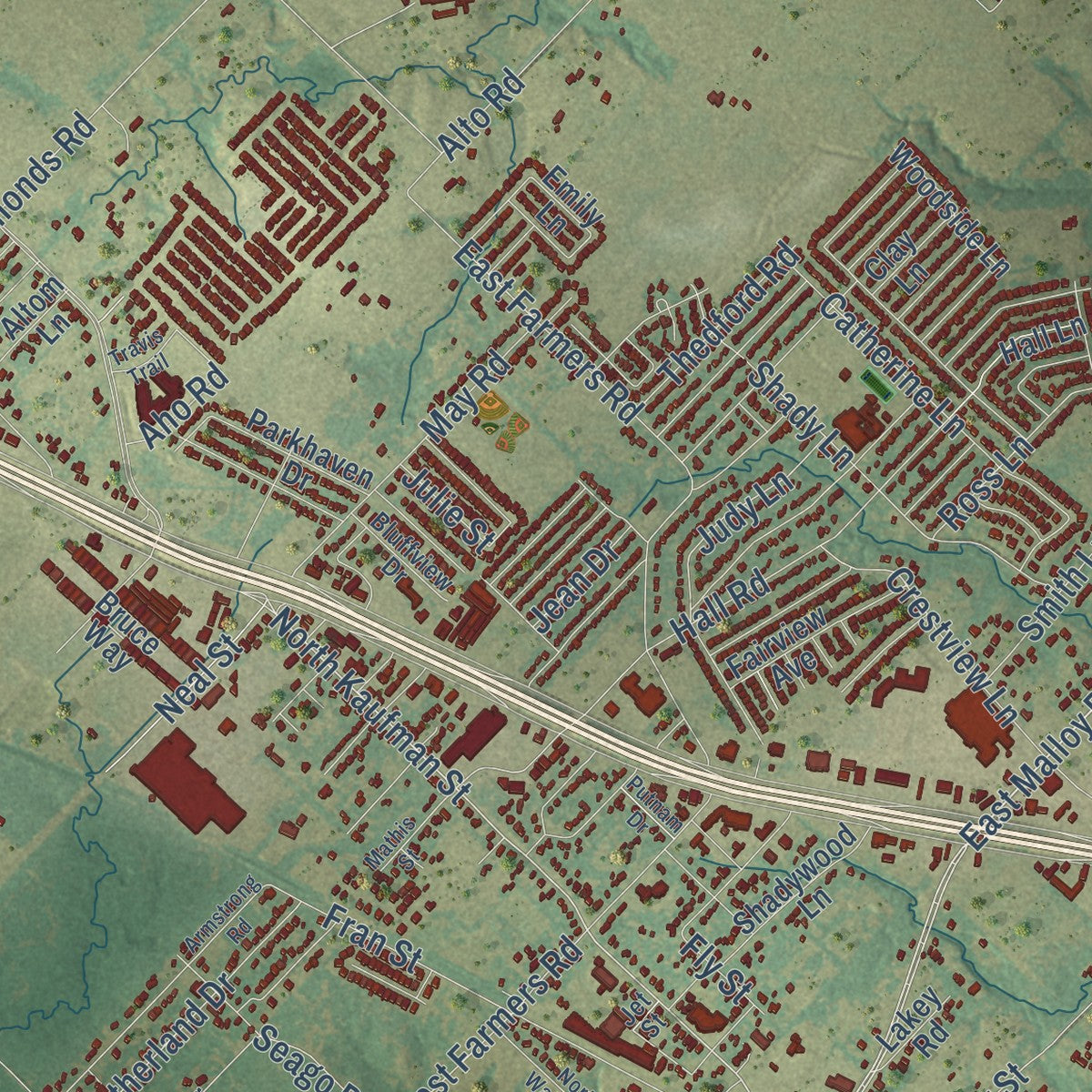 Close-up of the map of Seagoville, Texas print showing street and building detail