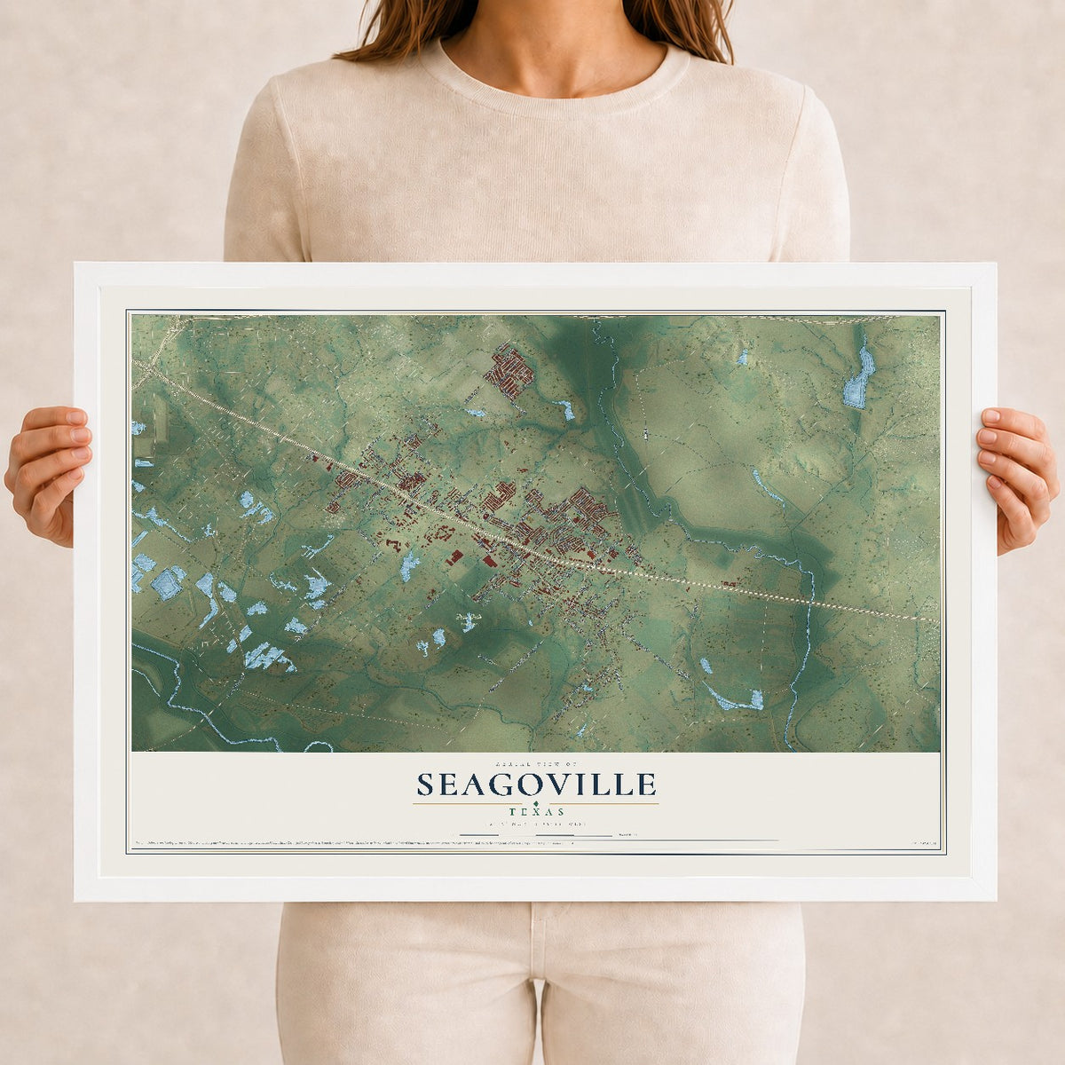 Map of Seagoville, Texas, 12 x 18 inch print in a white wood frame