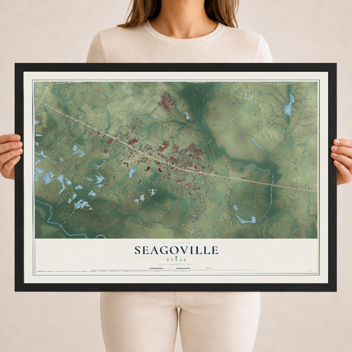 Map of Seagoville, Texas, 18 x 24 inch print in a black wood frame