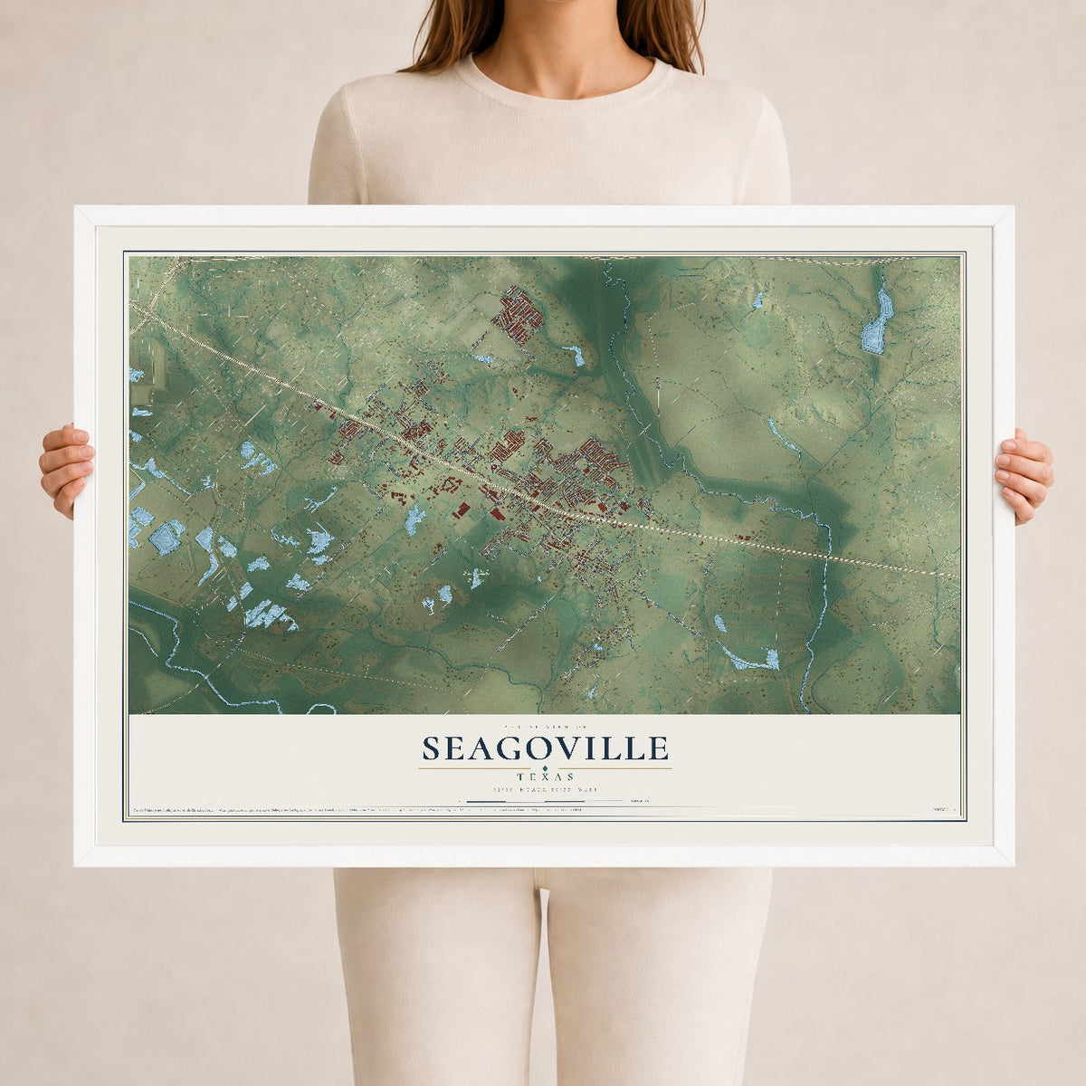 Map of Seagoville, Texas, 24 x 36 inch print in a white wood frame