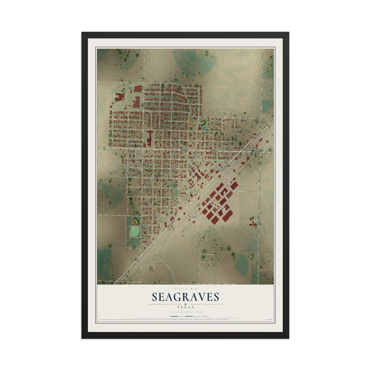 Map of Seagraves, Texas, 12 x 18 inch print in a black wood frame