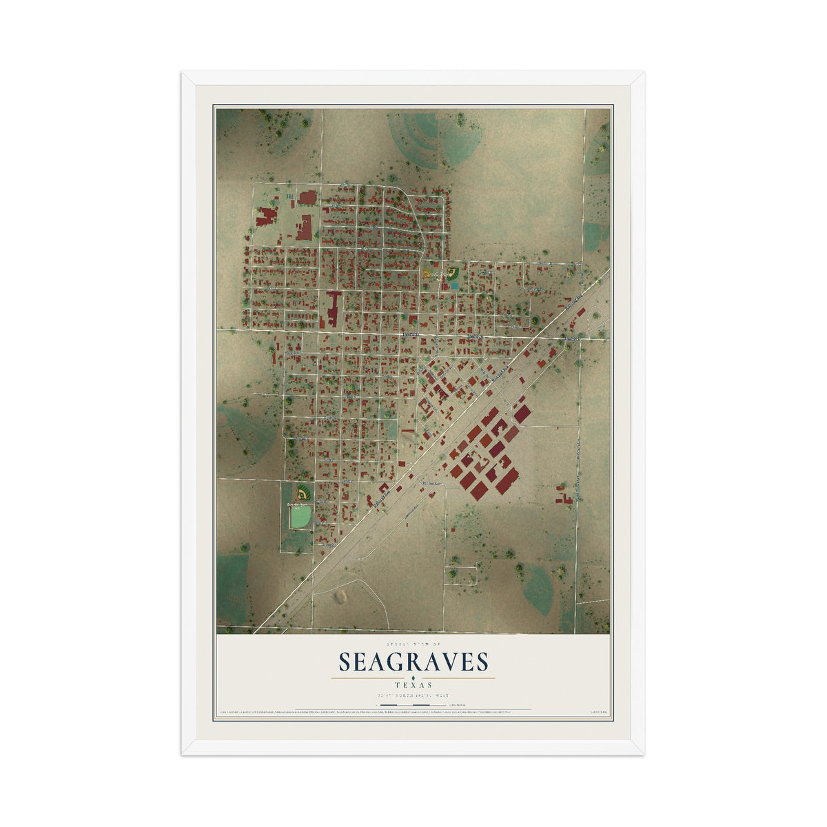 Map of Seagraves, Texas, 12 x 18 inch print in a white wood frame