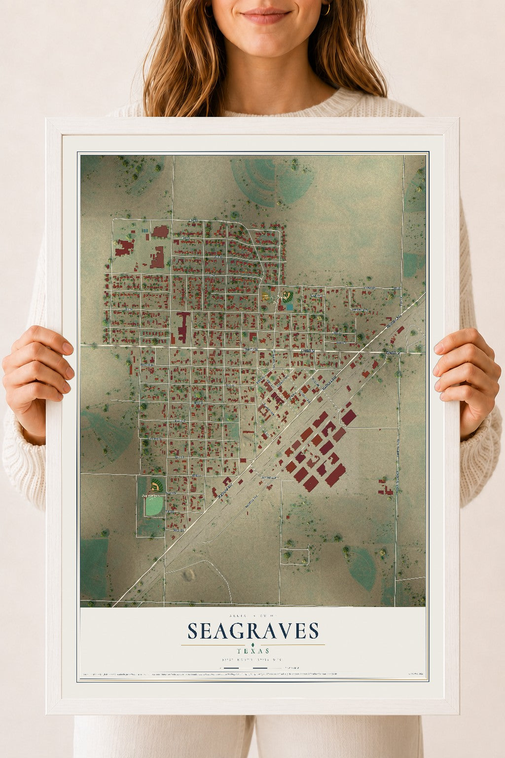 Map of Seagraves, Texas, 18 x 24 inch print in a white wood frame