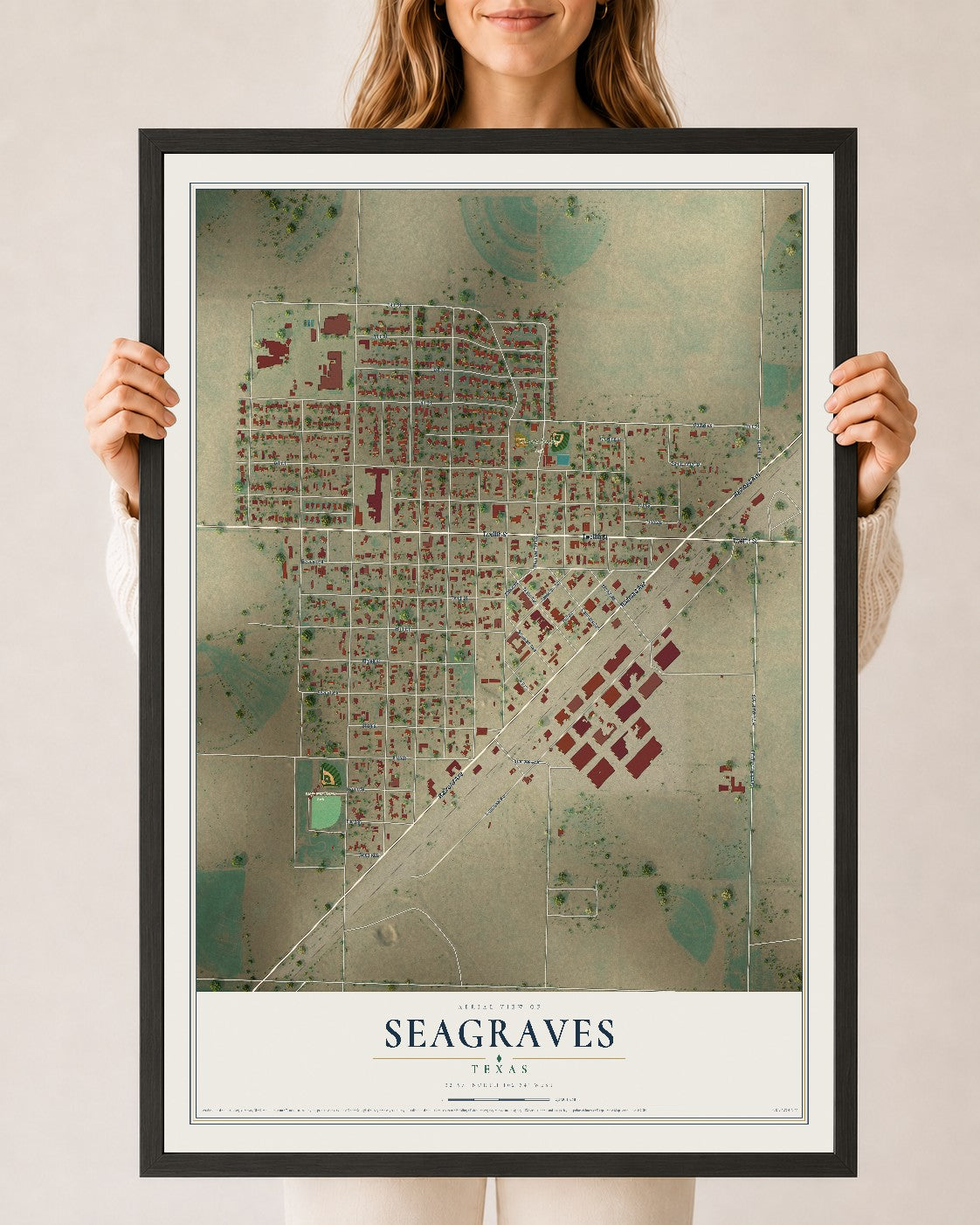 Map of Seagraves, Texas, 24 x 36 inch print in a black wood frame