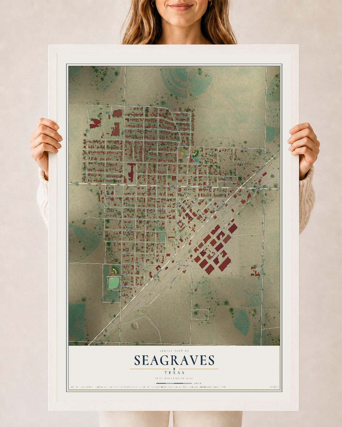 Map of Seagraves, Texas, 24 x 36 inch print in a white wood frame
