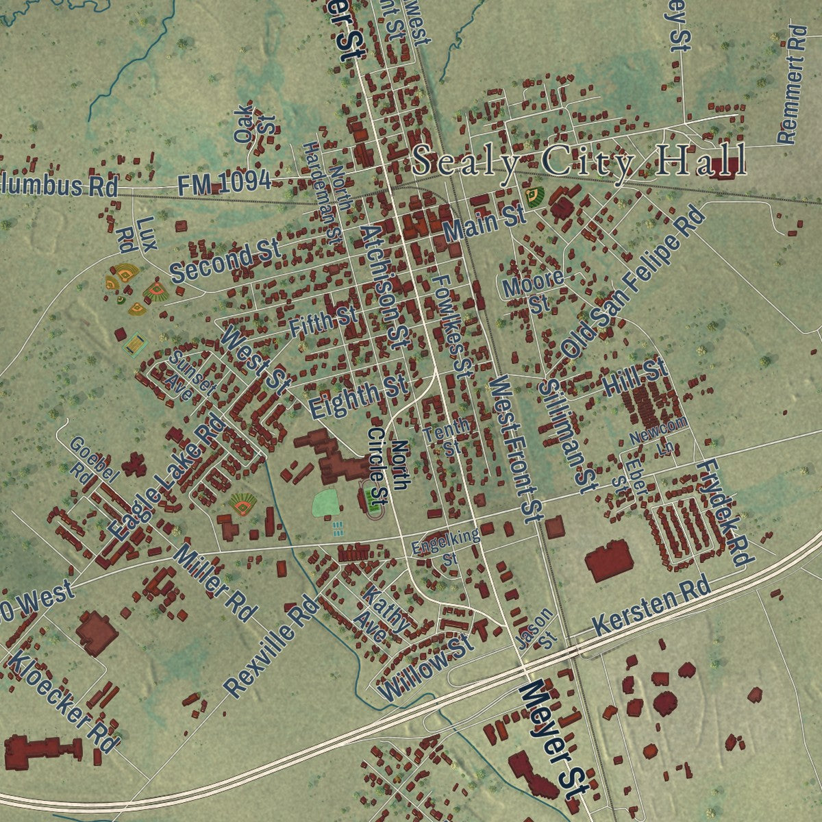 Close-up of the map of Sealy, Texas print showing street and building detail